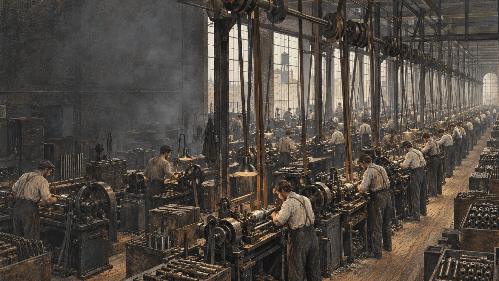 Long rows of workers operating similar machines in a nineteenth-century factory