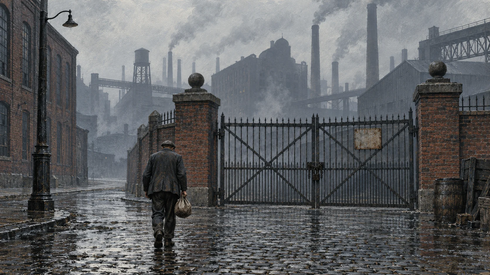 A worker walking away from a closed factory gate