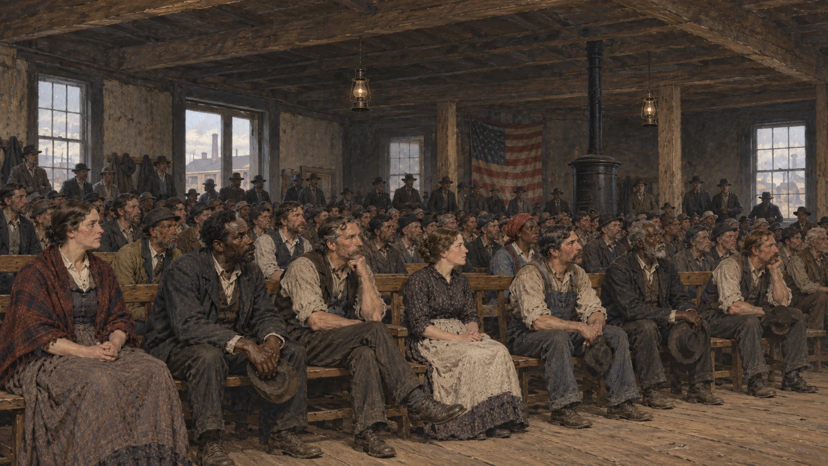 Illustrated labor meeting with women and Black and white workers