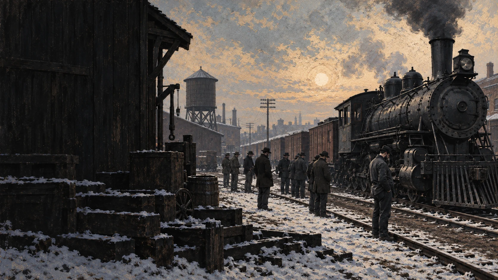 Stopped steam locomotive with workers standing along the snowy tracks