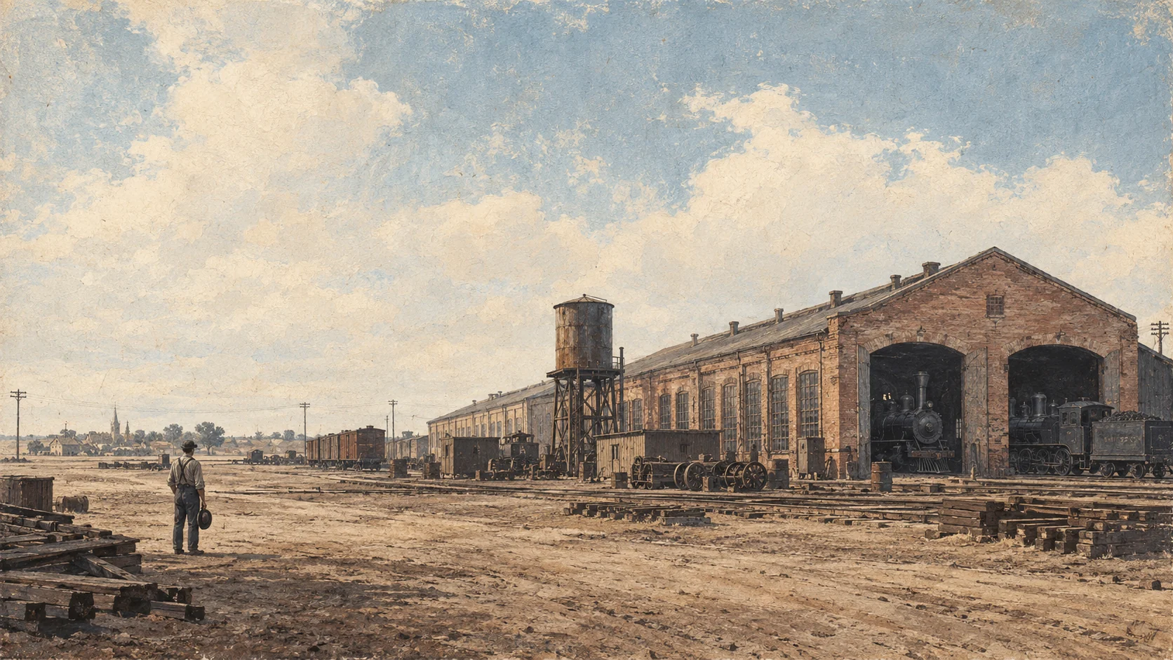 A lone worker standing outside a railroad machine shop in Marshall, Texas