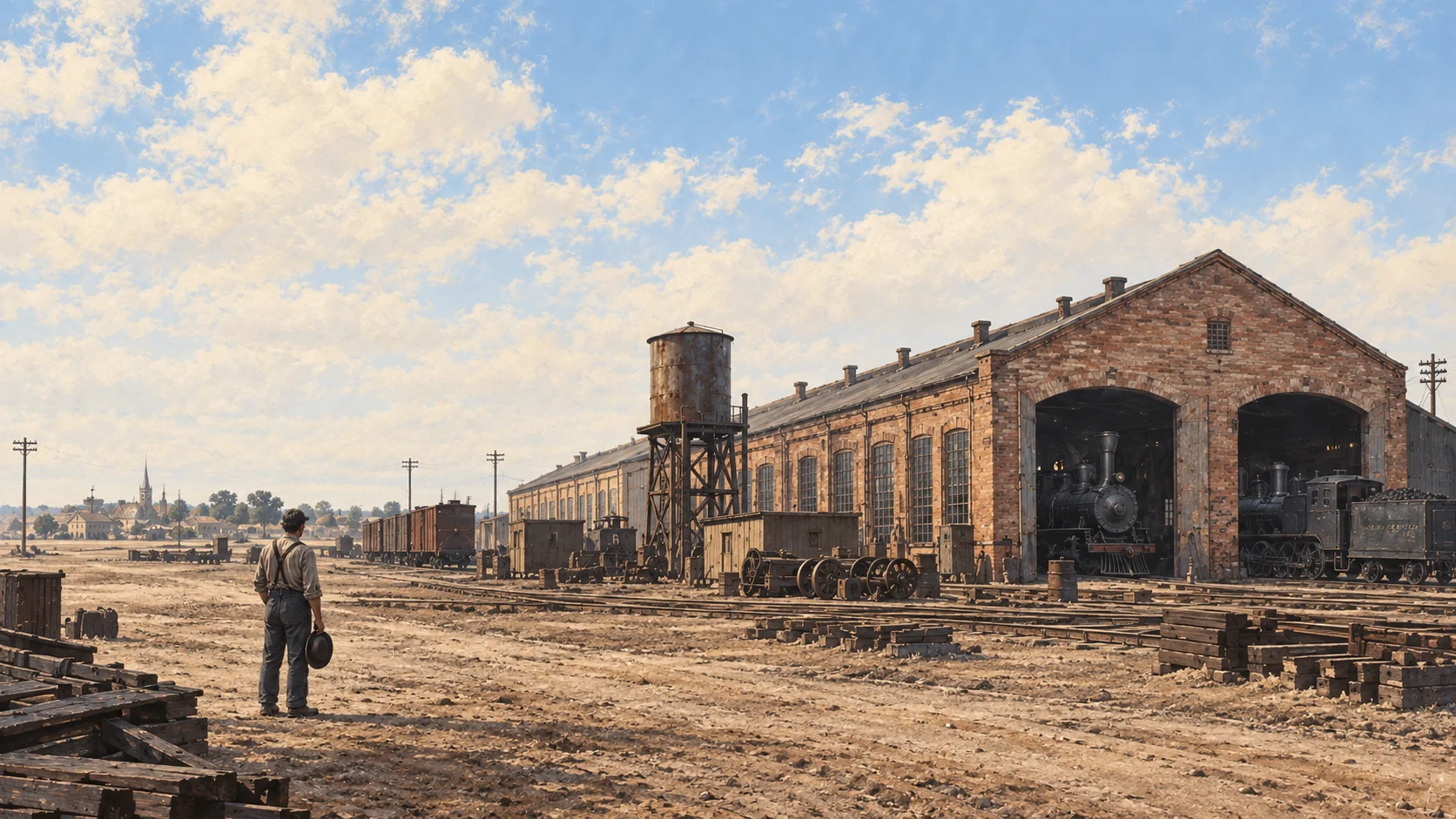 A somewhat closer view of a lone worker outside the railroad shop