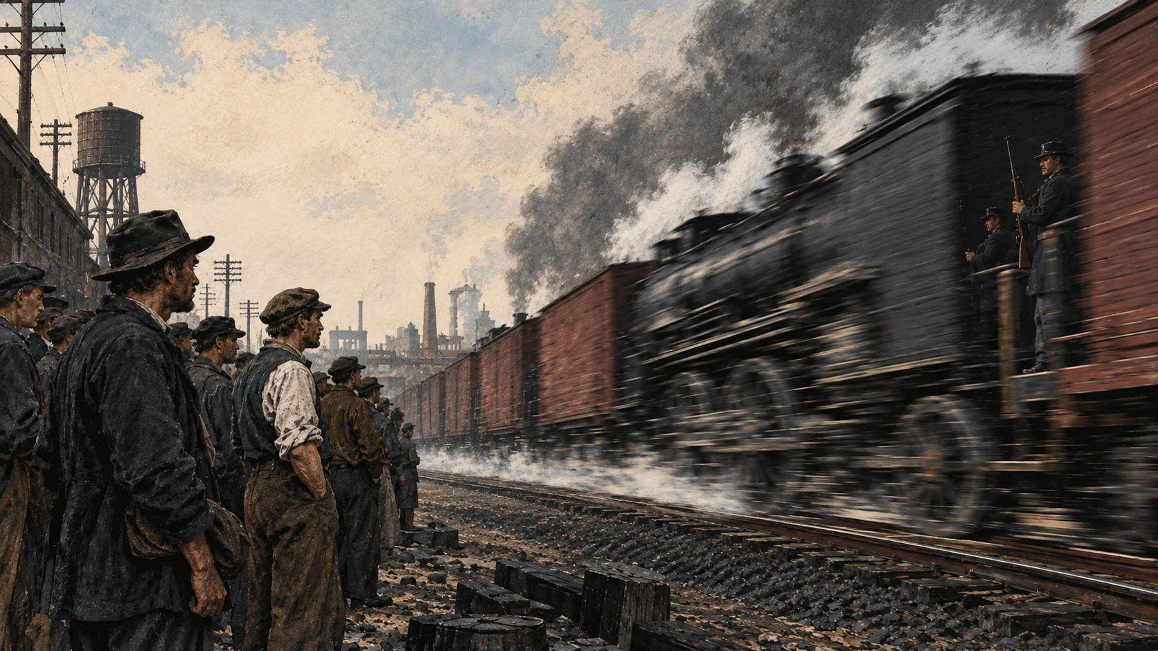 A moving steam train passes stationary workers while guards stand on the train