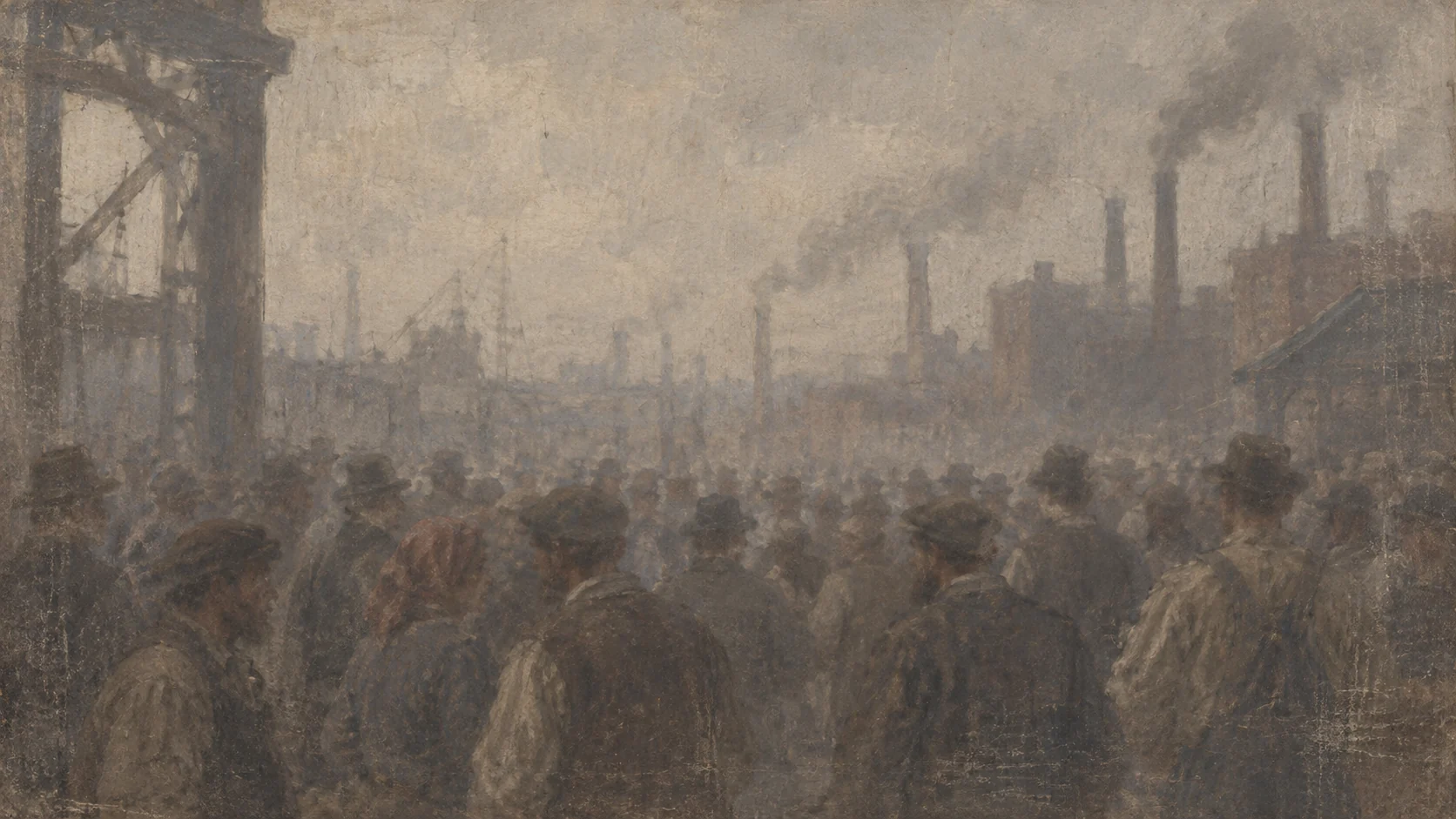 Low-contrast crowd of workers in an industrial landscape