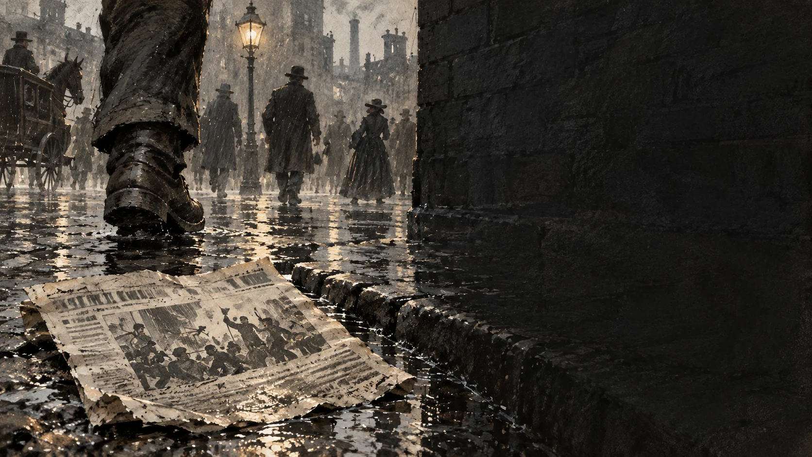 Rain-soaked newspaper in a nineteenth-century Chicago street gutter