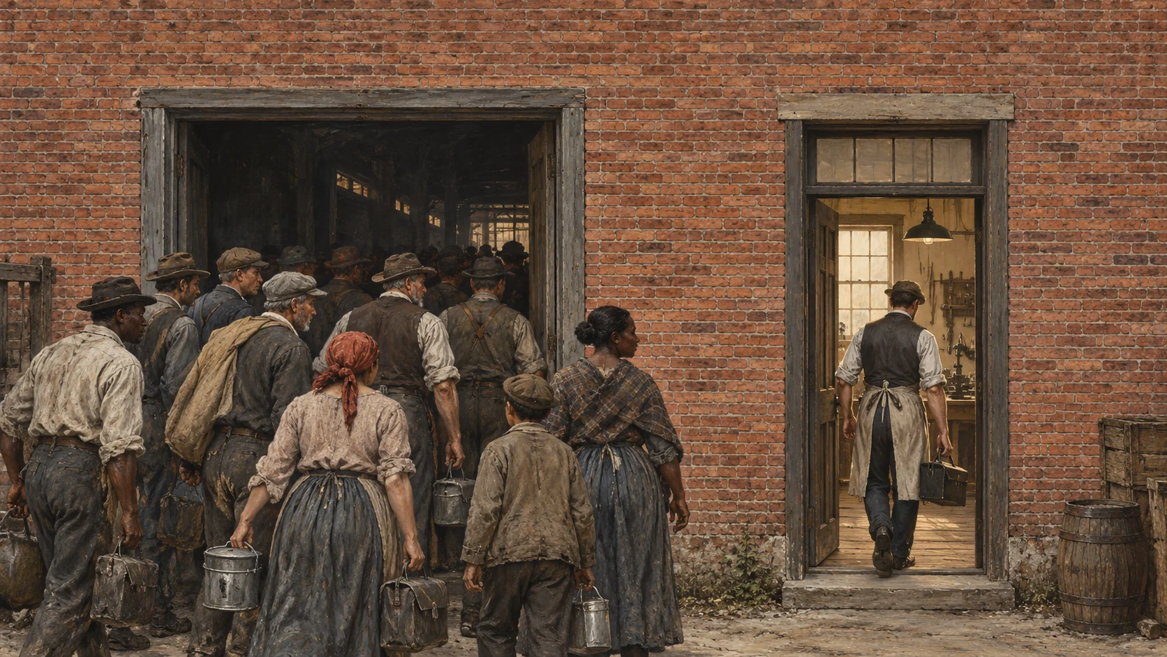 Two doors in a brick industrial wall, one broad and crowded and one narrow with a single skilled worker