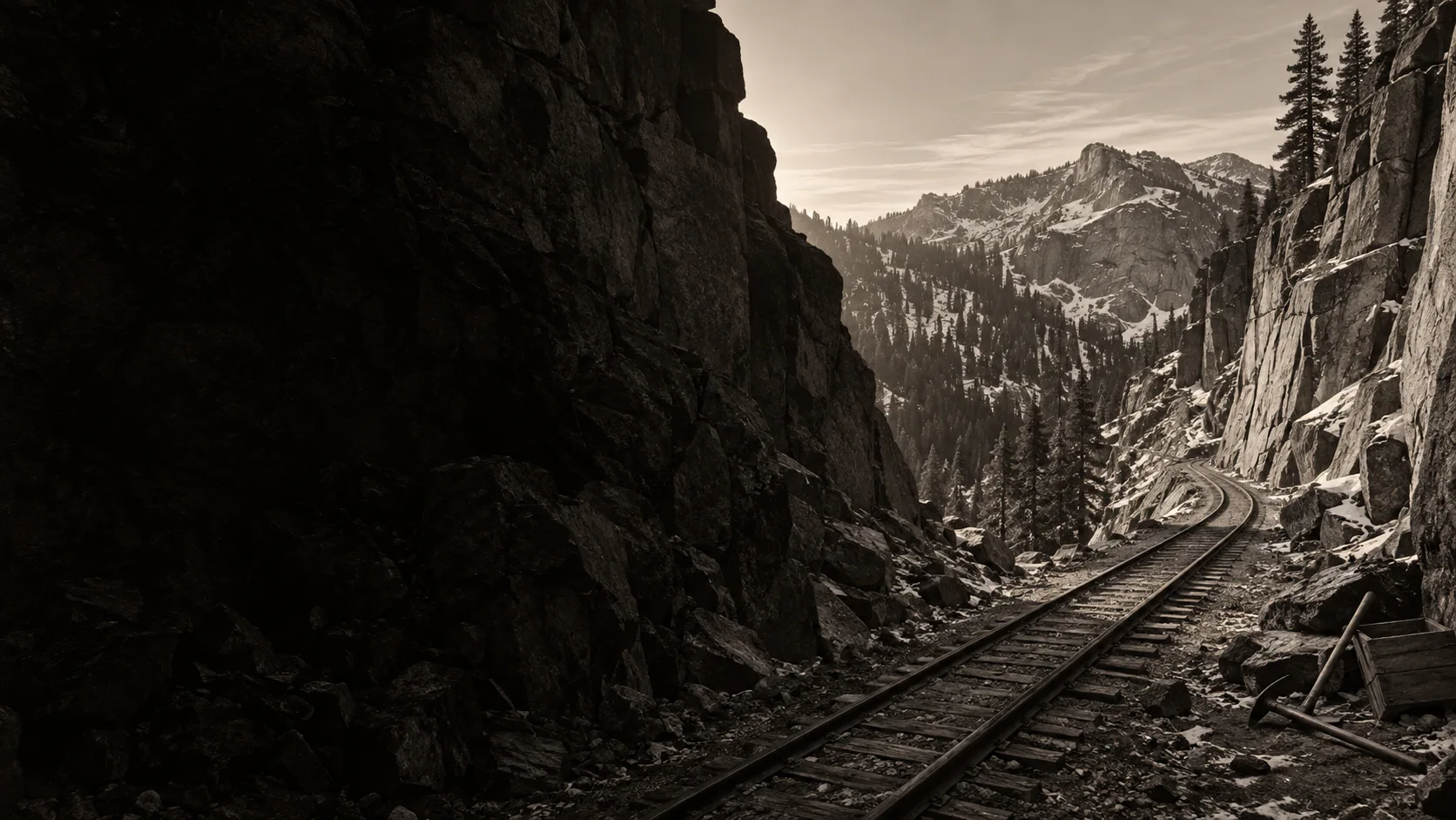 AI-authored reconstruction of an empty railroad cut in the Sierra Nevada