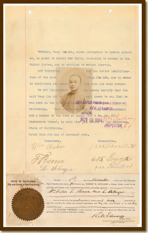 Wong Kim Ark’s 1894 departure statement with his identification photograph