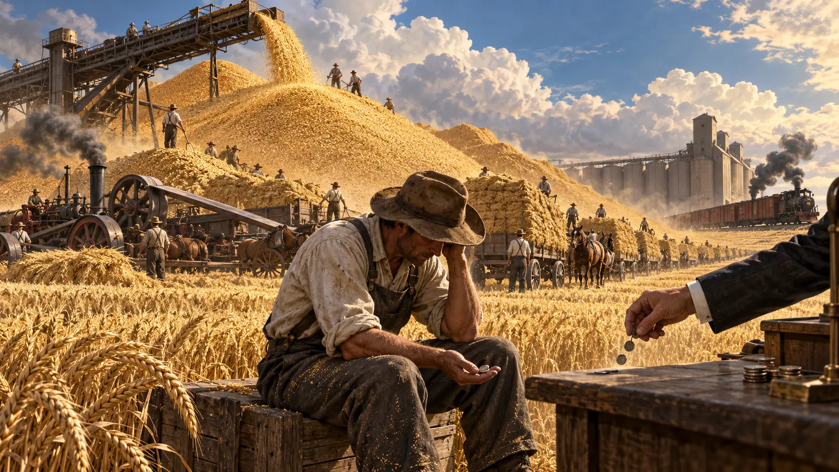 Interpretive art about agricultural abundance and falling returns
