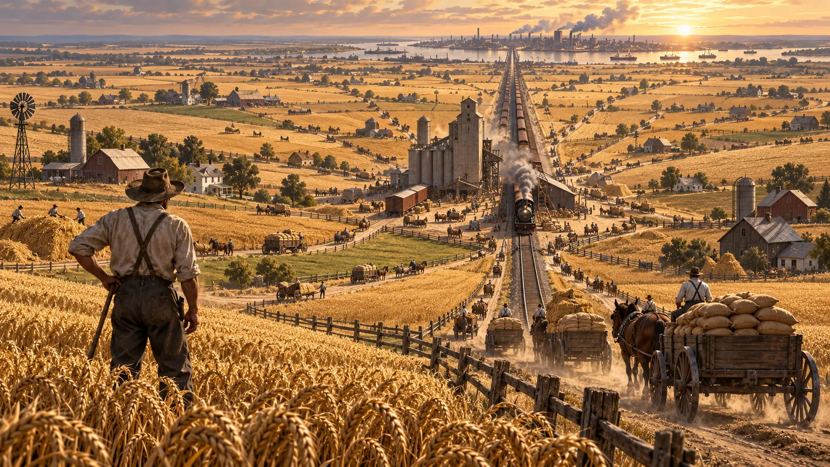 Interpretive art of farms converging on one railroad line