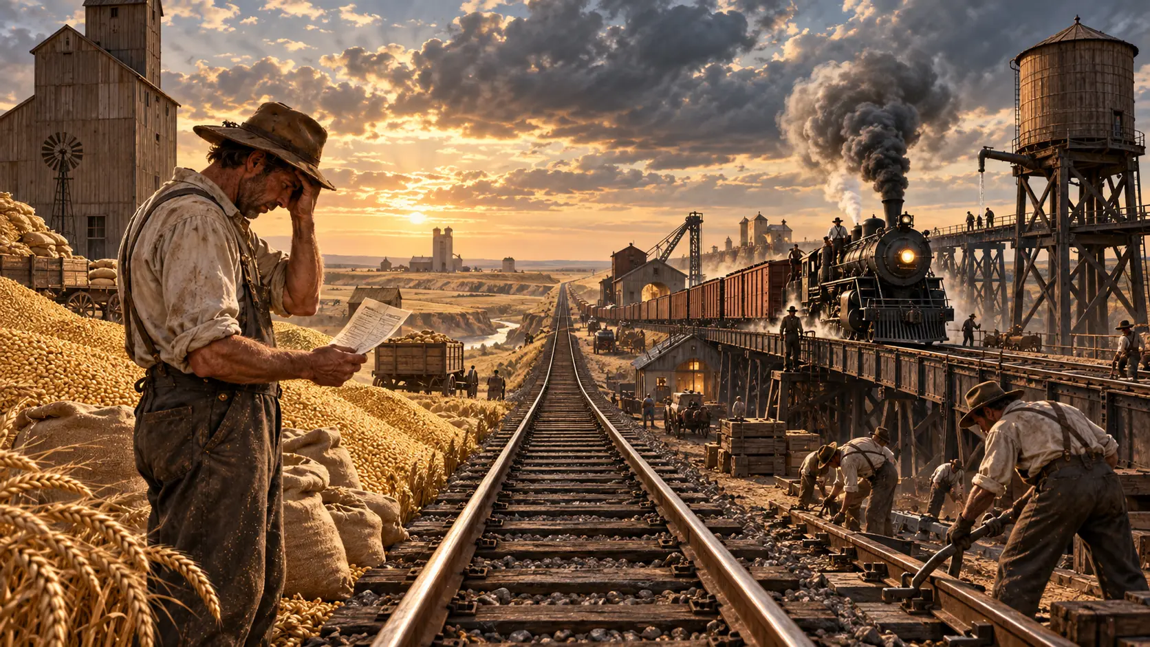 Interpretive art balancing farmer freight costs with railroad infrastructure