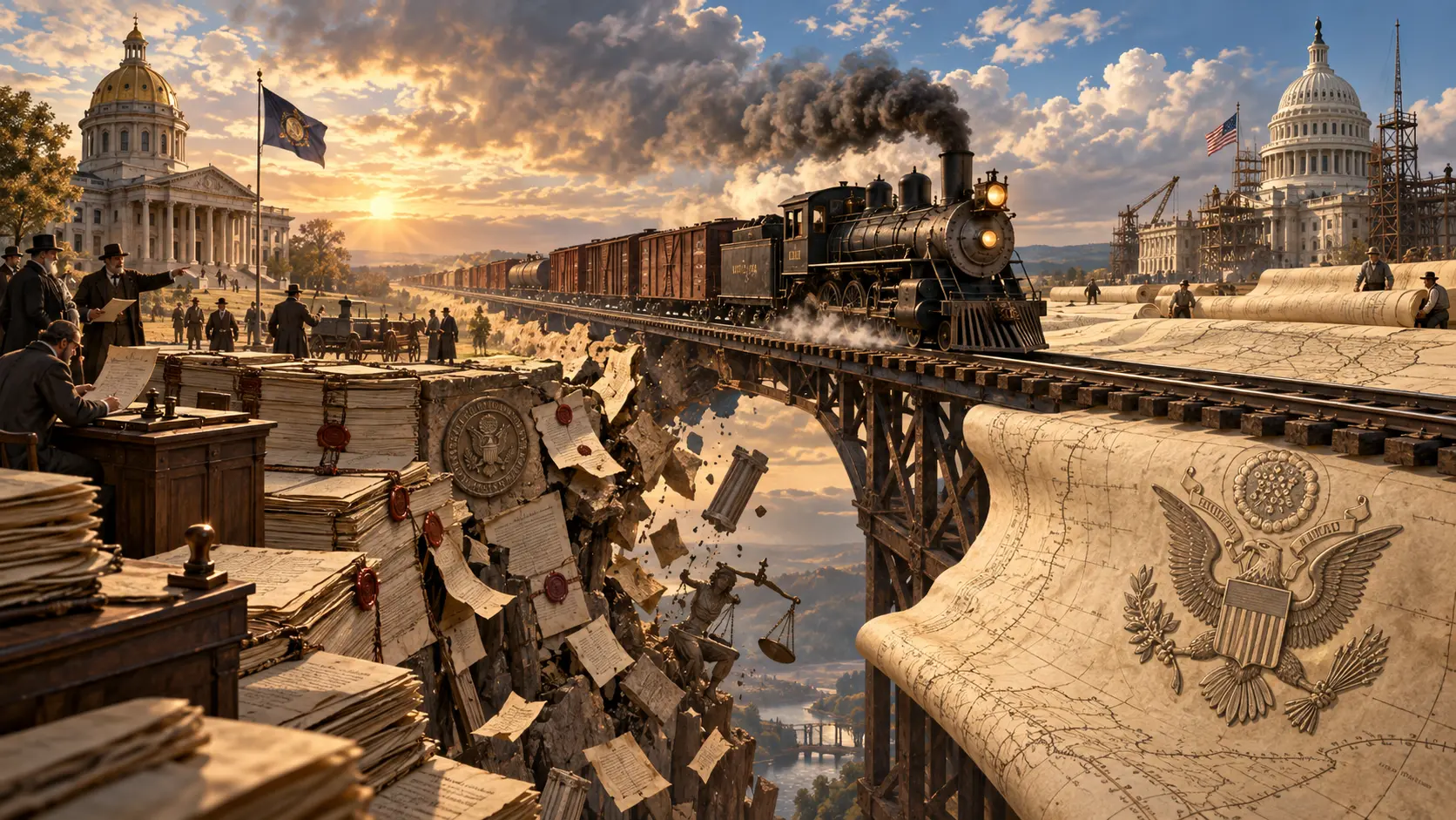 Interpretive art of a train crossing a state boundary that law cannot follow