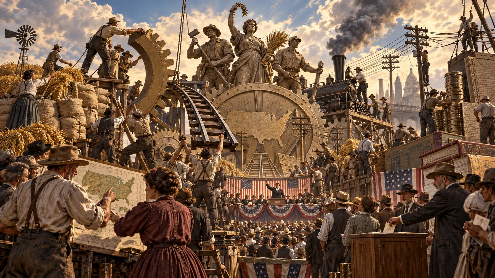 Interpretive art of the 1892 People’s Party platform assembling grievances into a political program