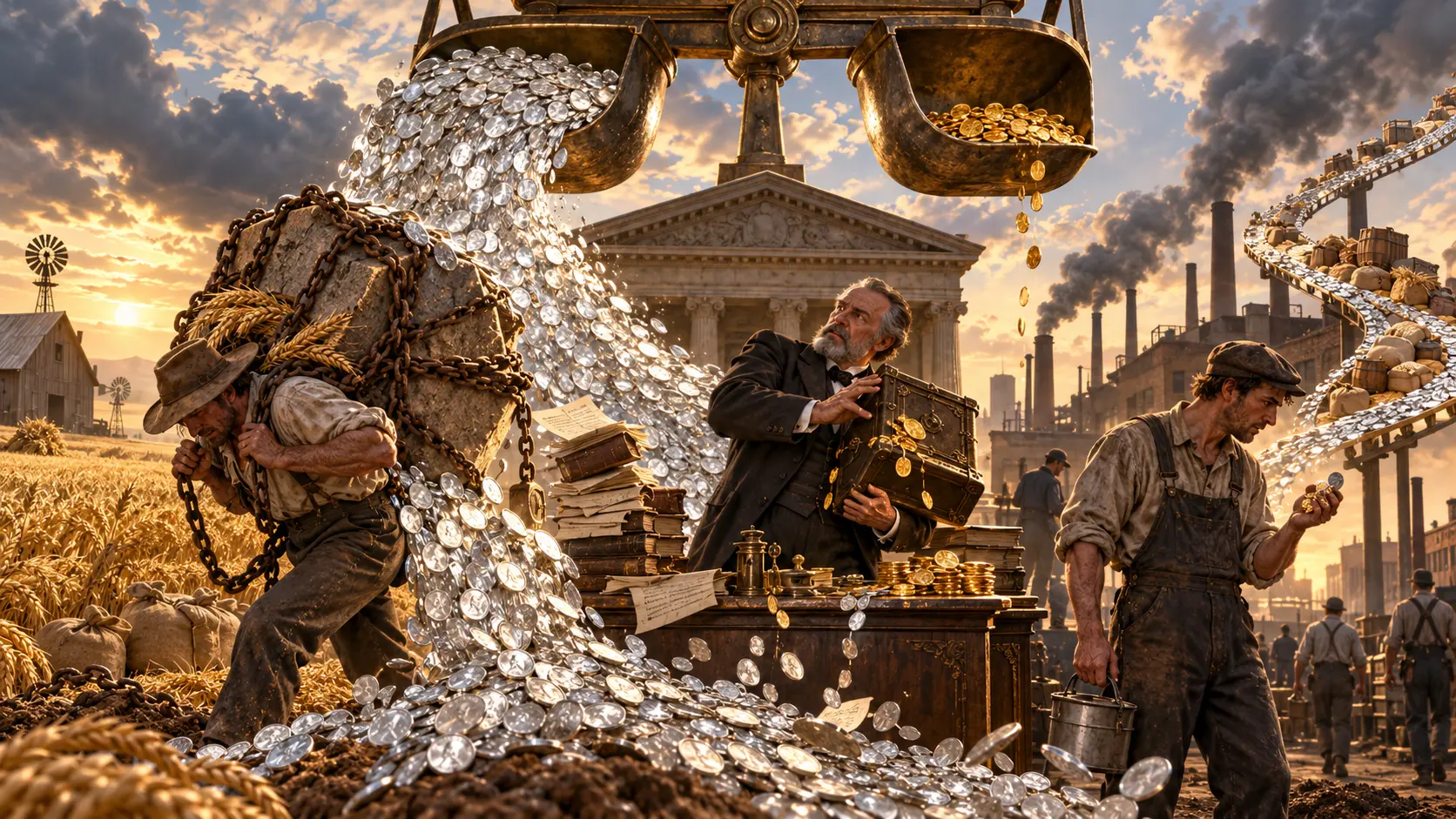 Interpretive art explaining gold, silver, debt, credit, and wages