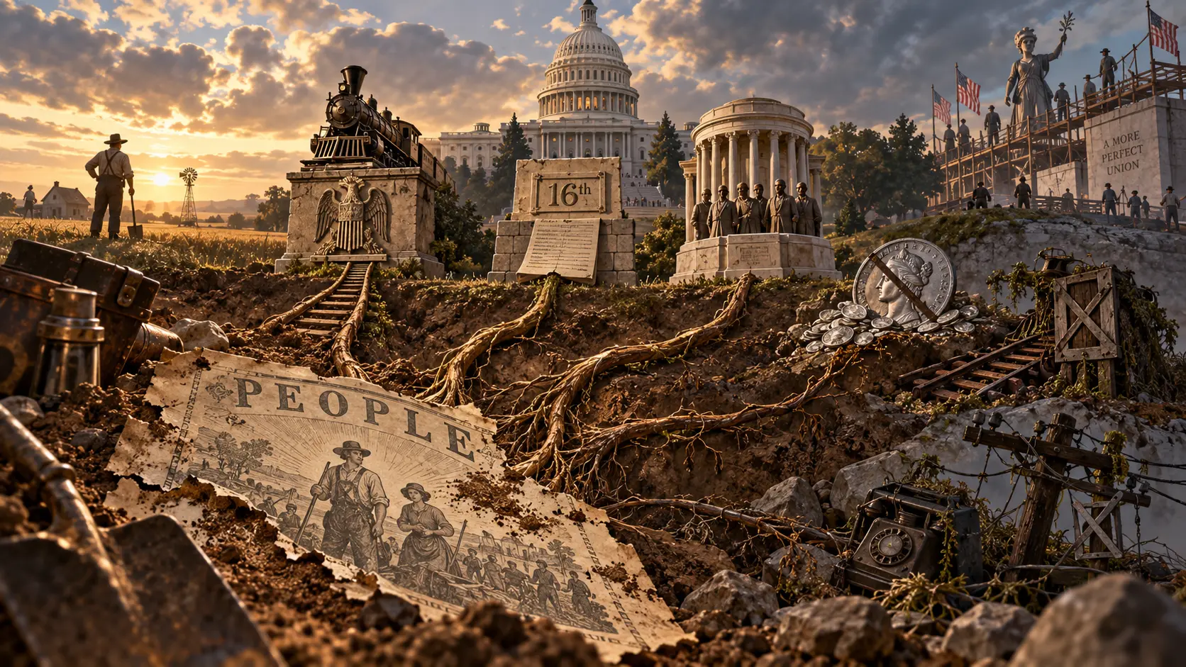 Interpretive art connecting Populist demands to later reforms