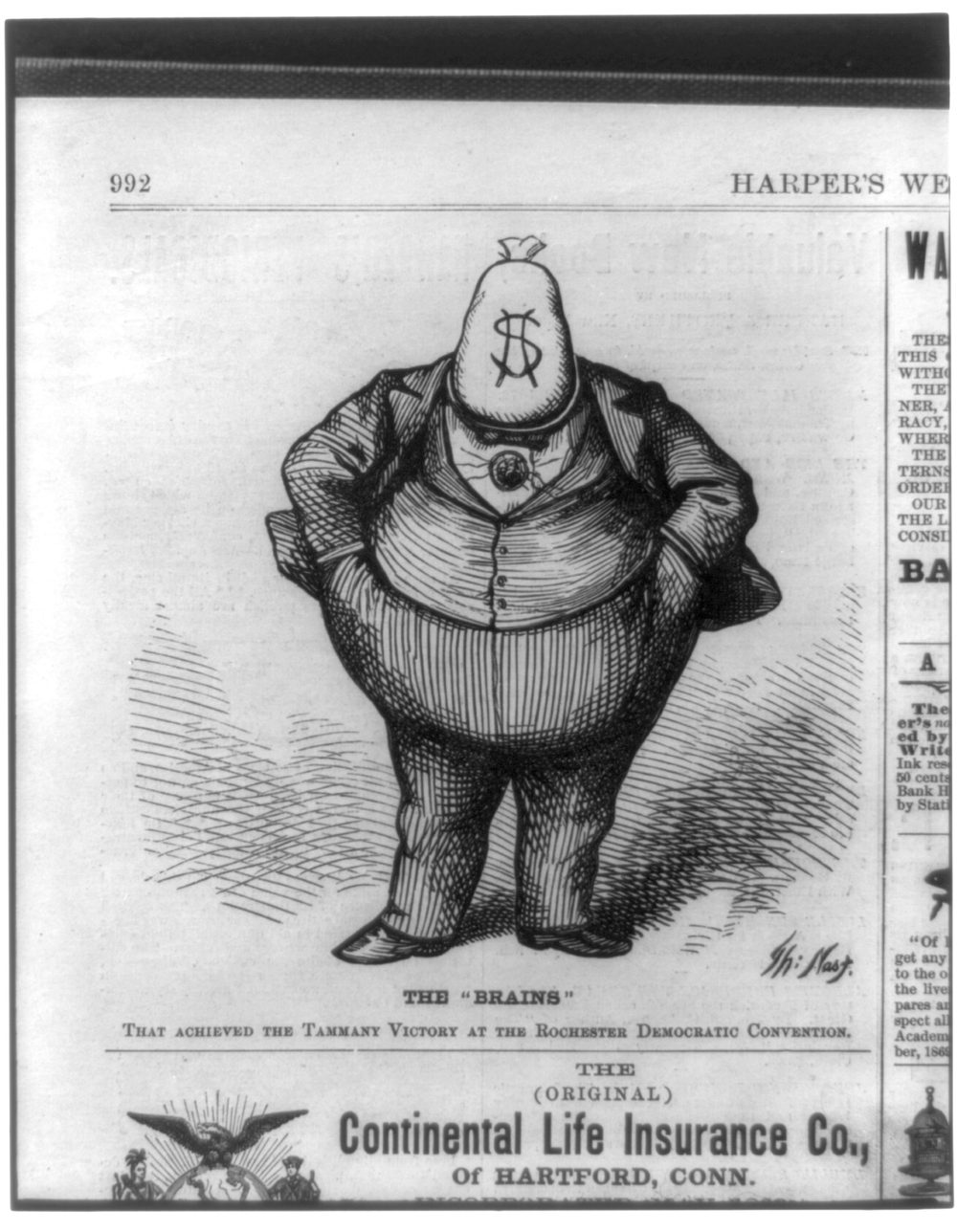 Cartoon of Boss Tweed with a large bag of money marked with a dollar sign in place of his head.