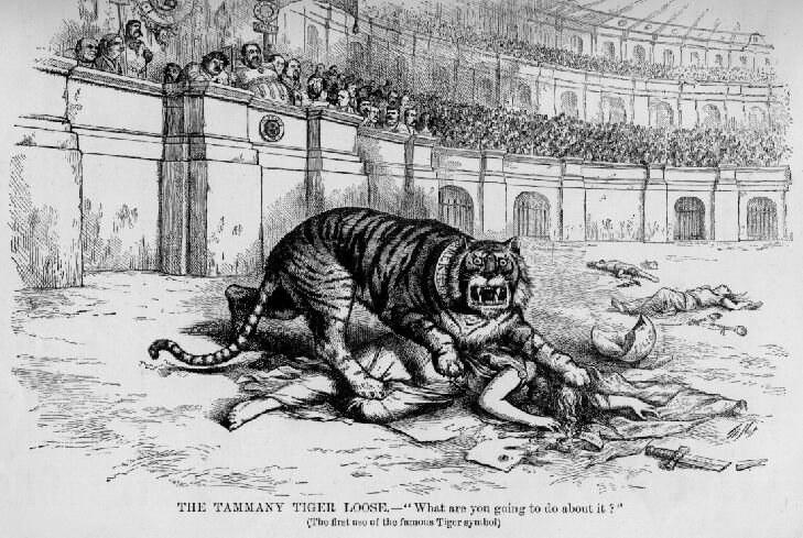 Cartoon of a tiger labeled Tammany mauling a woman representing the Republic in a Roman arena while Tweed watches from the stands.