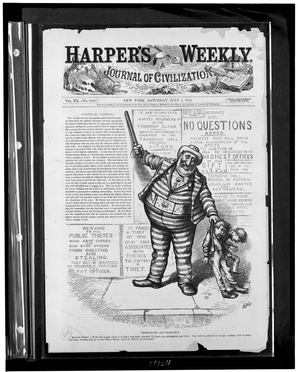 Harper's Weekly cover showing Tweed in prison stripes holding two small boys by the collar.
