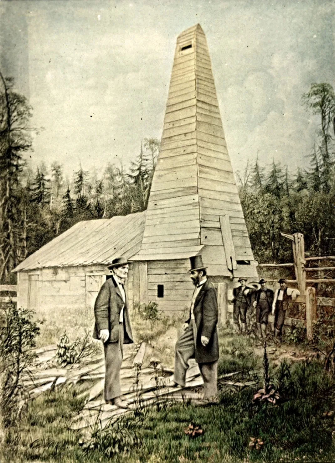 Engraving of Edwin Drake in a top hat standing beside the wooden derrick of his oil well