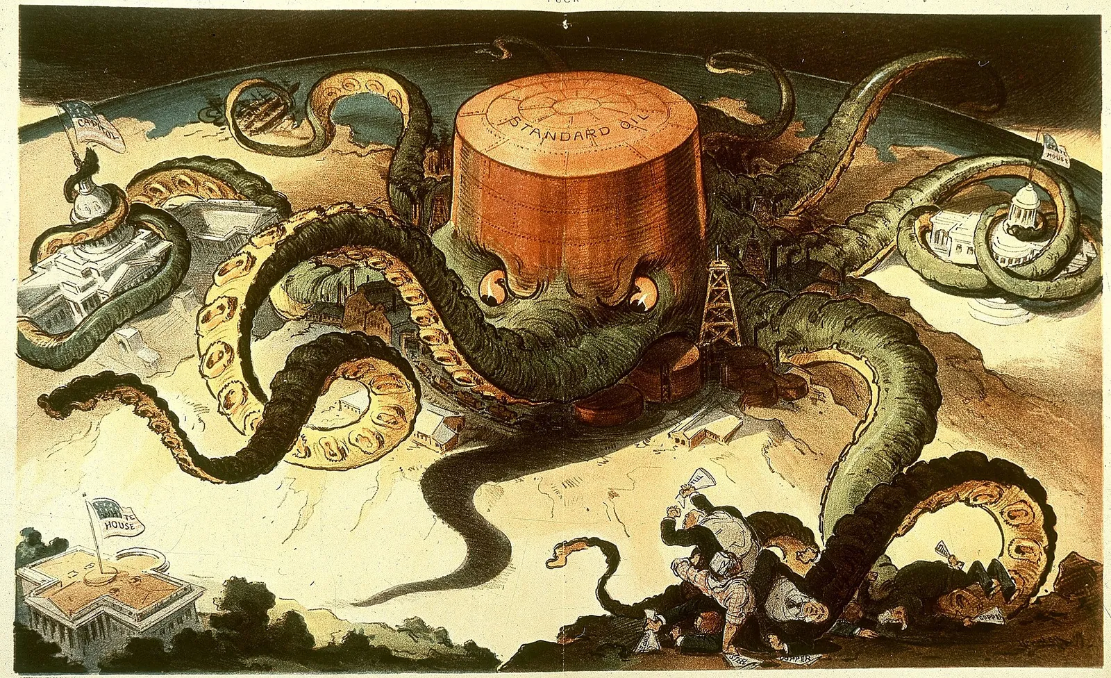 Political cartoon of a giant octopus with a Standard Oil tank for a head, its tentacles wrapped around the Capitol, a state house and industries, reaching for the White House