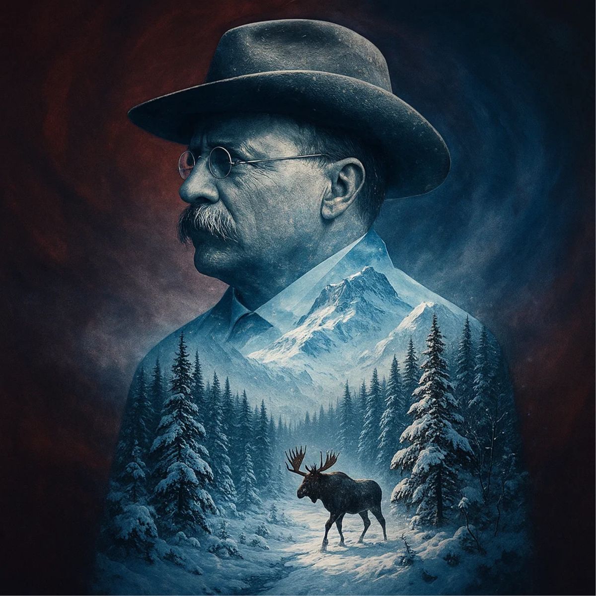 Stylized portrait of Theodore Roosevelt above a snowy mountain wilderness scene