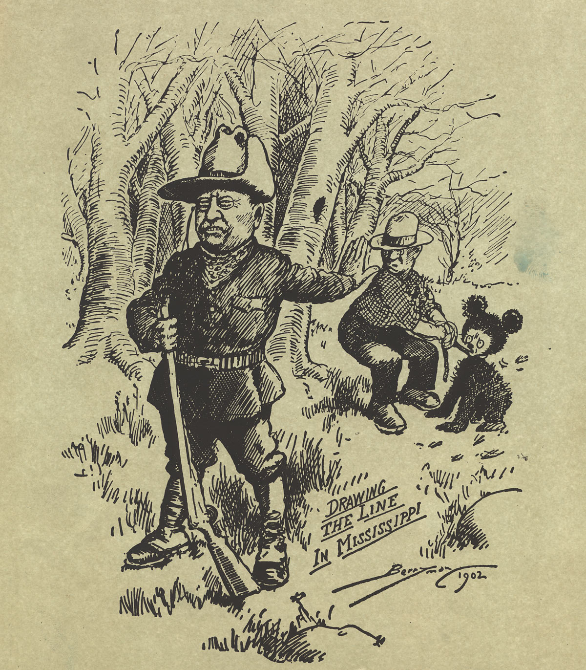 Clifford Berryman’s 1902 cartoon shows Roosevelt refusing to shoot a tied bear.