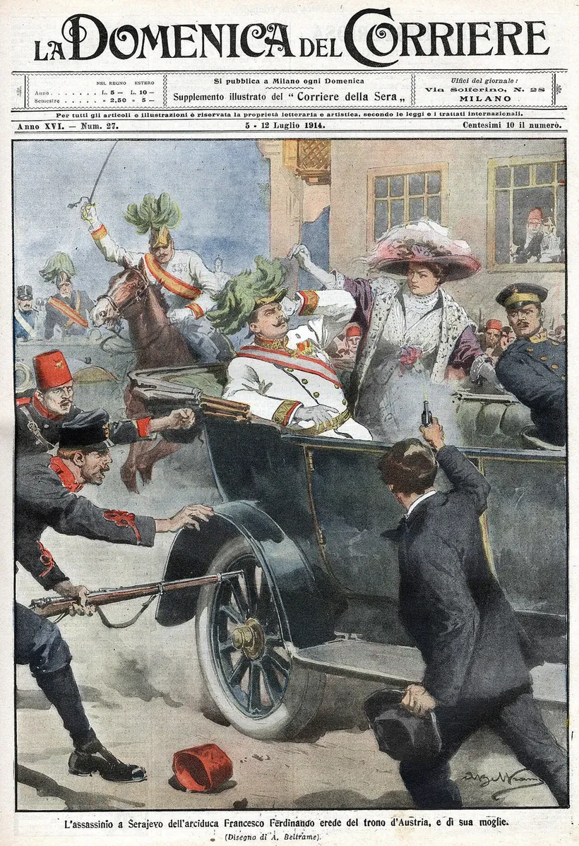 Color newspaper illustration of the Sarajevo attack, showing a young man with a pistol beside the open car as officers rush in