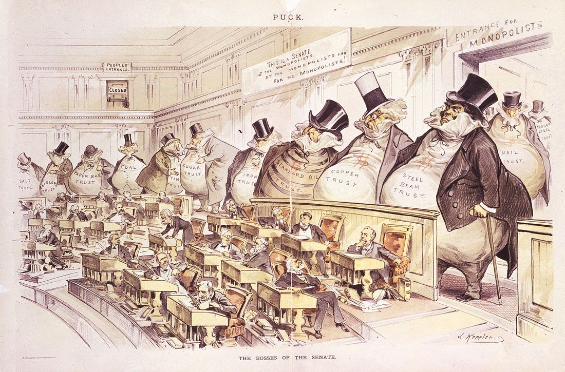 Color cartoon of giant money bags labeled with trusts such as Standard Oil, Copper, Steel Beam and Sugar standing behind small senators at their desks.