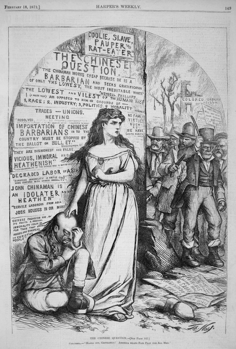 Engraving of a woman representing America shielding a seated Chinese man from an angry mob, with anti Chinese posters on the wall behind.