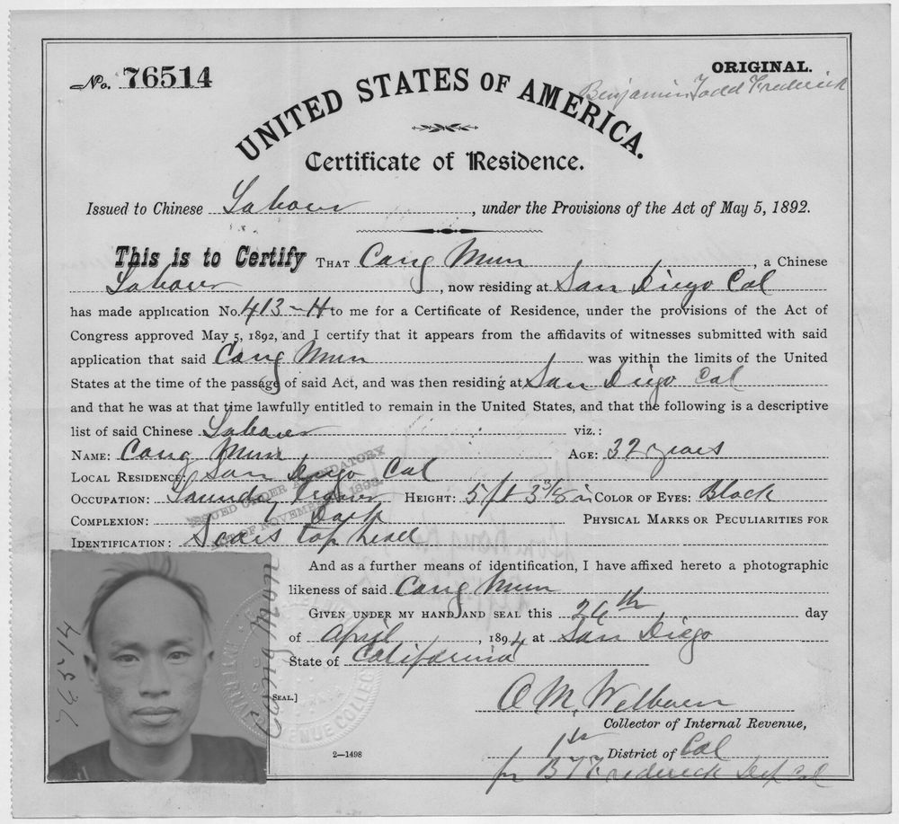 A printed government form titled Certificate of Residence, filled in by hand, with a small photograph of a Chinese man in the lower left corner.